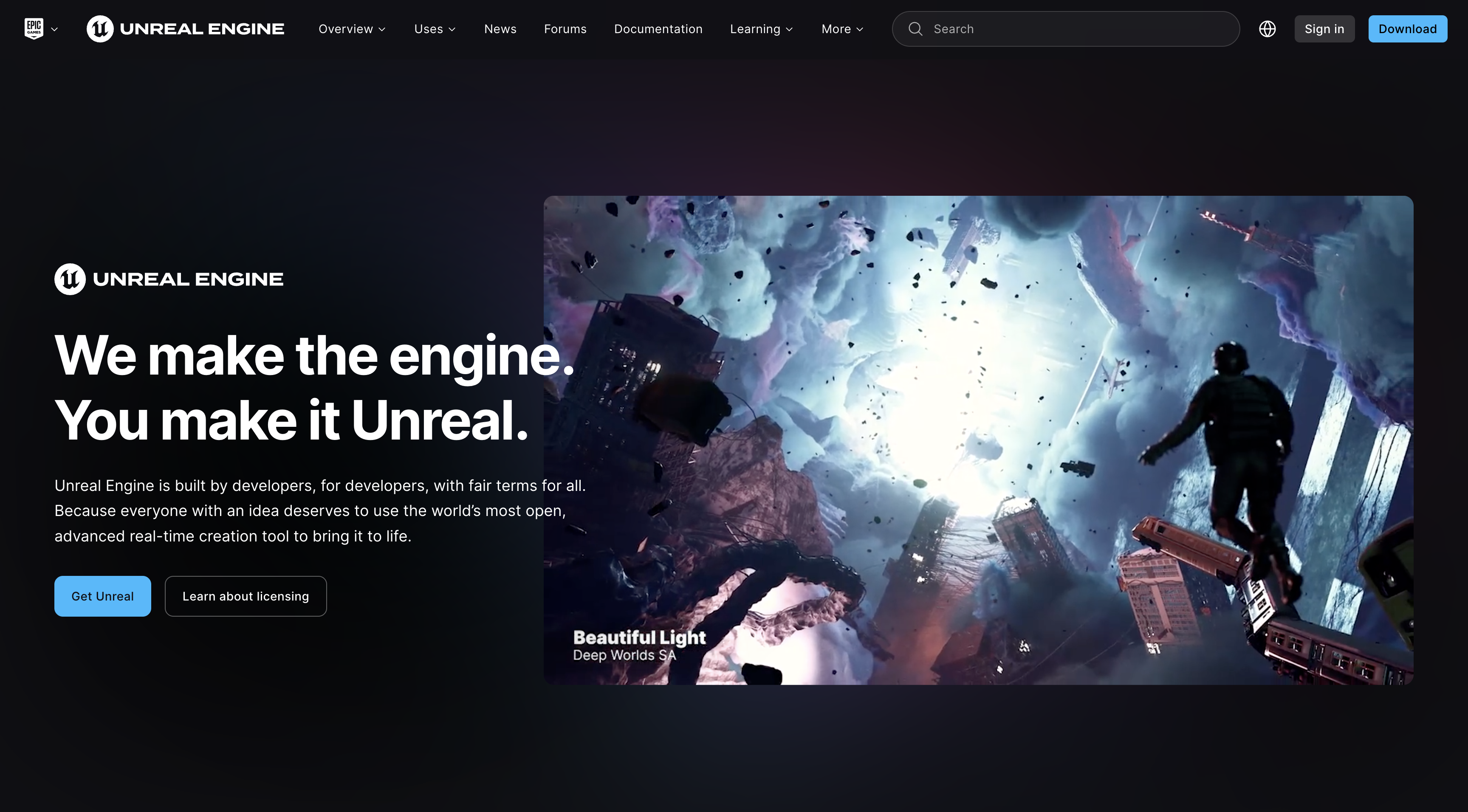 Unreal Engine interface for landscape visualization with terrain editing, foliage tools, and viewport preview